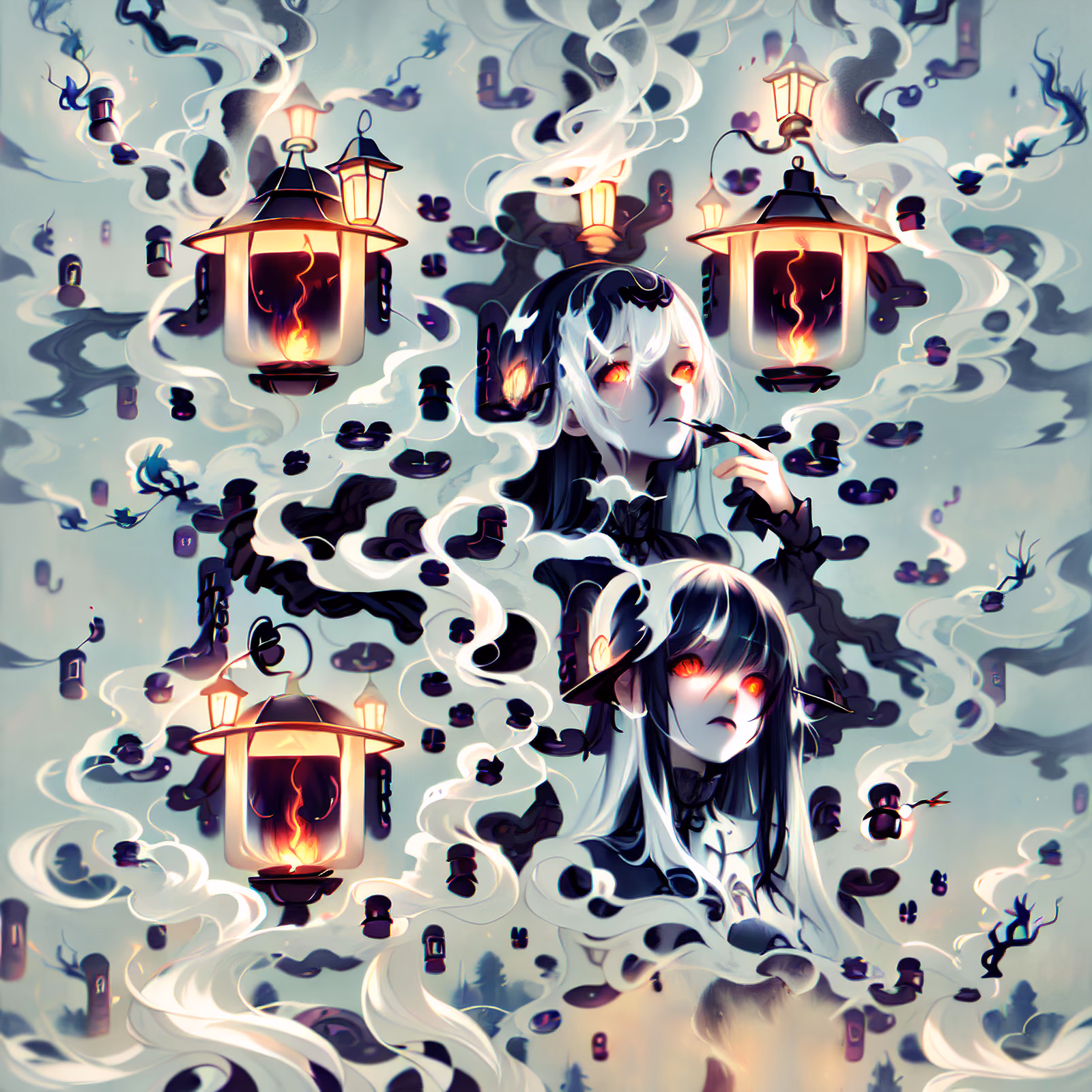 Gothic Anime Girls with Lanterns QR Code for Posters — image 1