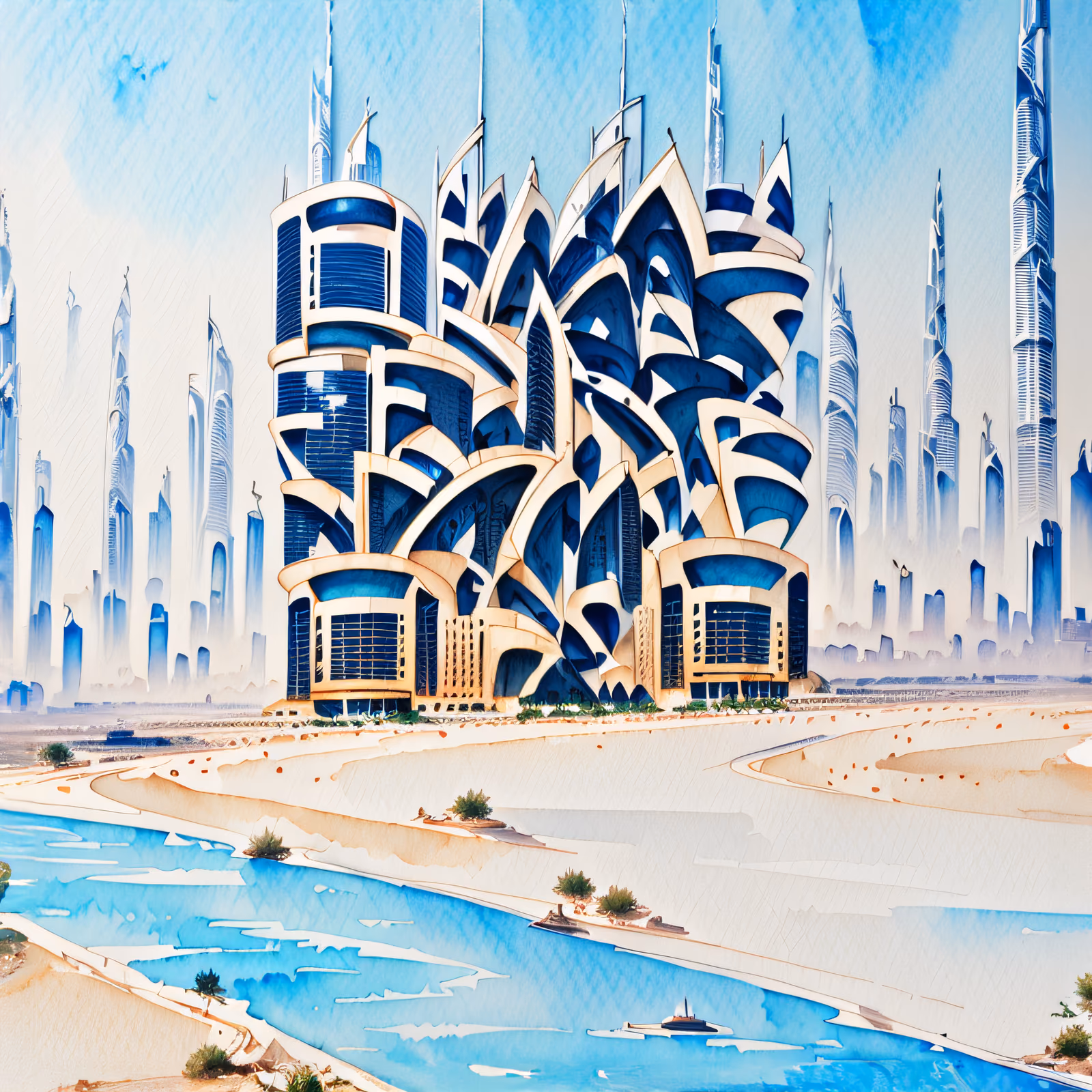 Futuristic Desert Skyline Watercolor QR Code Art — image 1