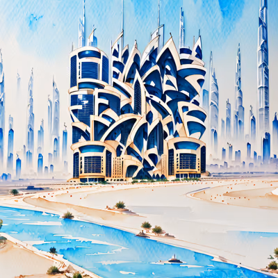 Futuristic Desert Skyline Watercolor QR Code Art — image 1