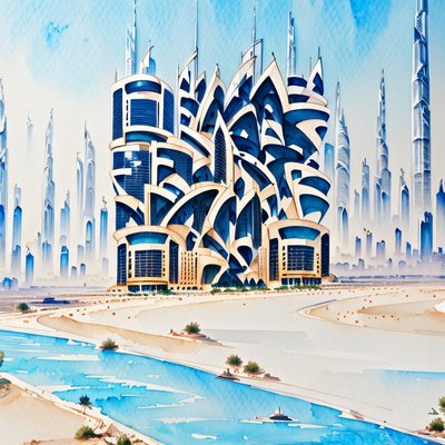Futuristic Desert Skyline Watercolor QR Code Art