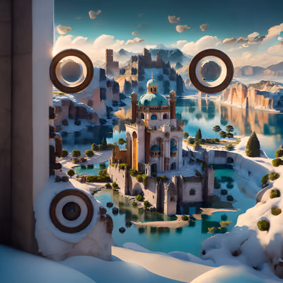 Domed Castle Lake Surreal 3D QR Code Art — image 1