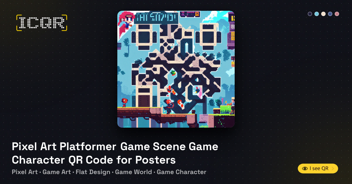 Pixel Art Platformer Game Scene Game Character QR Code for Posters • ICQR