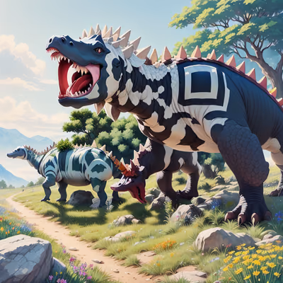 Armored Dinosaurs in Meadow Painterly QR Code for Posters — image 1