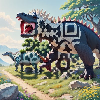 Armored Dinosaurs in Meadow Painterly QR Code for Posters
