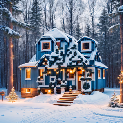 雪中蓝色圣诞小屋二维码设计,适用于贺卡 — 图片 1