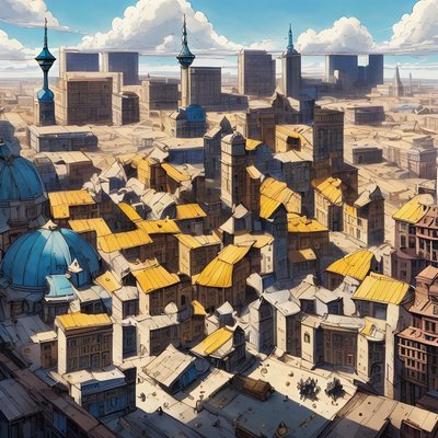 Aerial City Rooftops Comic Style QR Code for Posters