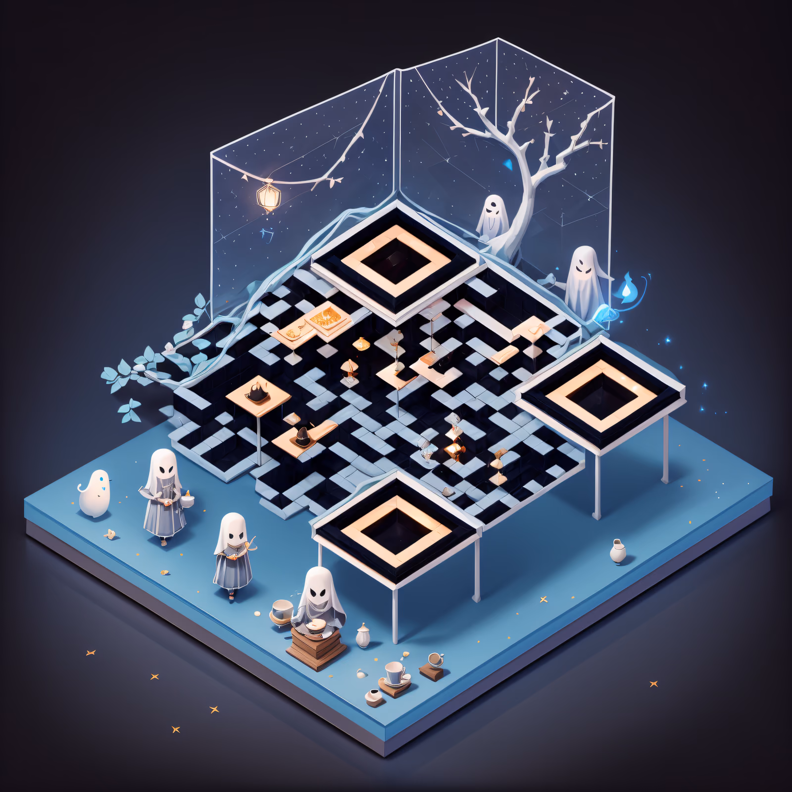 Isometric Ghost Cafe Diorama QR Code for Posters — image 1