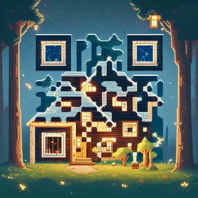 Пиксельный лесной домик ночью: QR-код для постеров