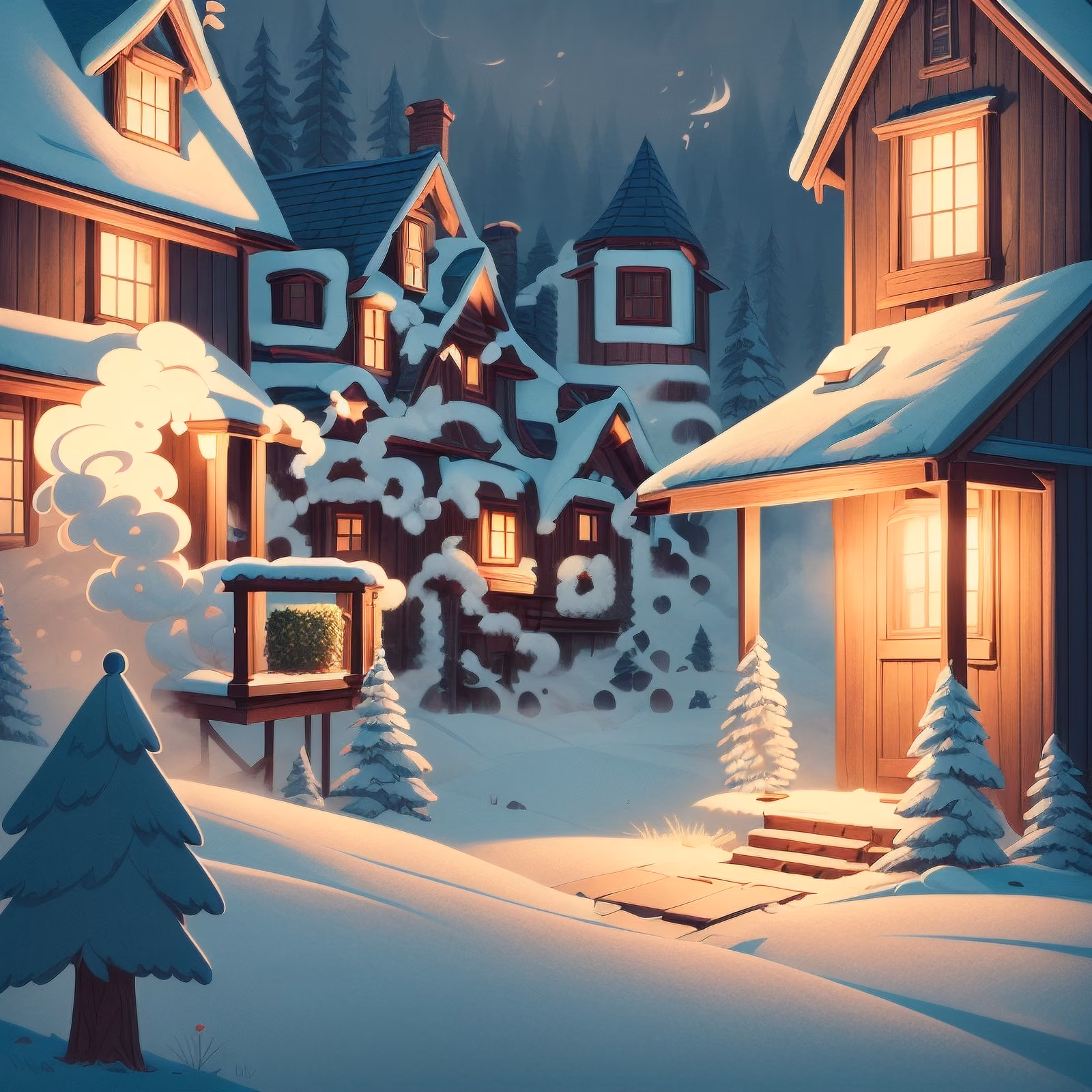 Snowy Cabin Village Illustration QR Code for Greeting Cards — image 1