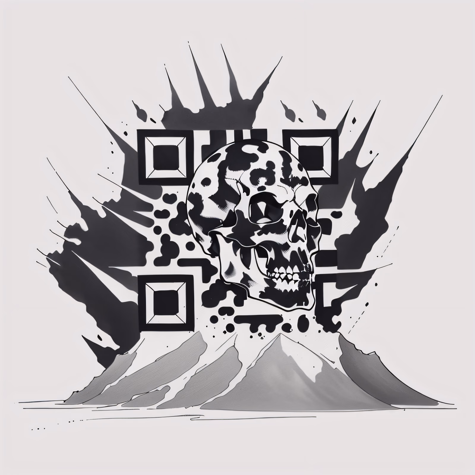 Череп из туши и горы: QR-код в стиле татуировки для одежды — изображение 1