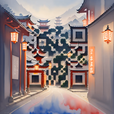 京都鸟居街道水彩二维码艺术 — 图片 1