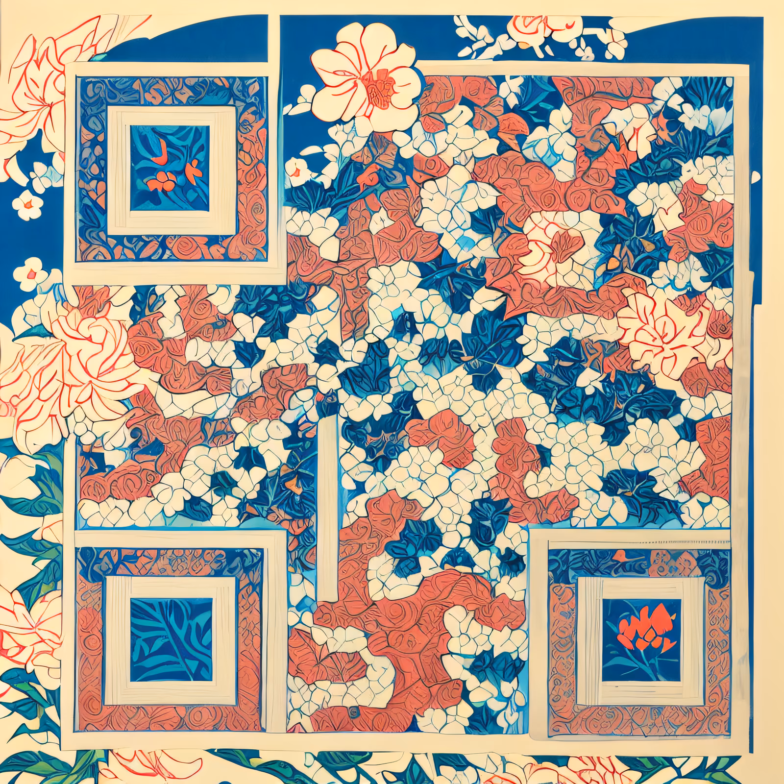 Blue Floral Woodblock Pattern QR Code Art — image 1