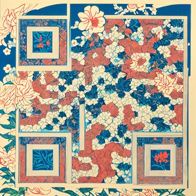 Blue Floral Woodblock Pattern QR Code Art
