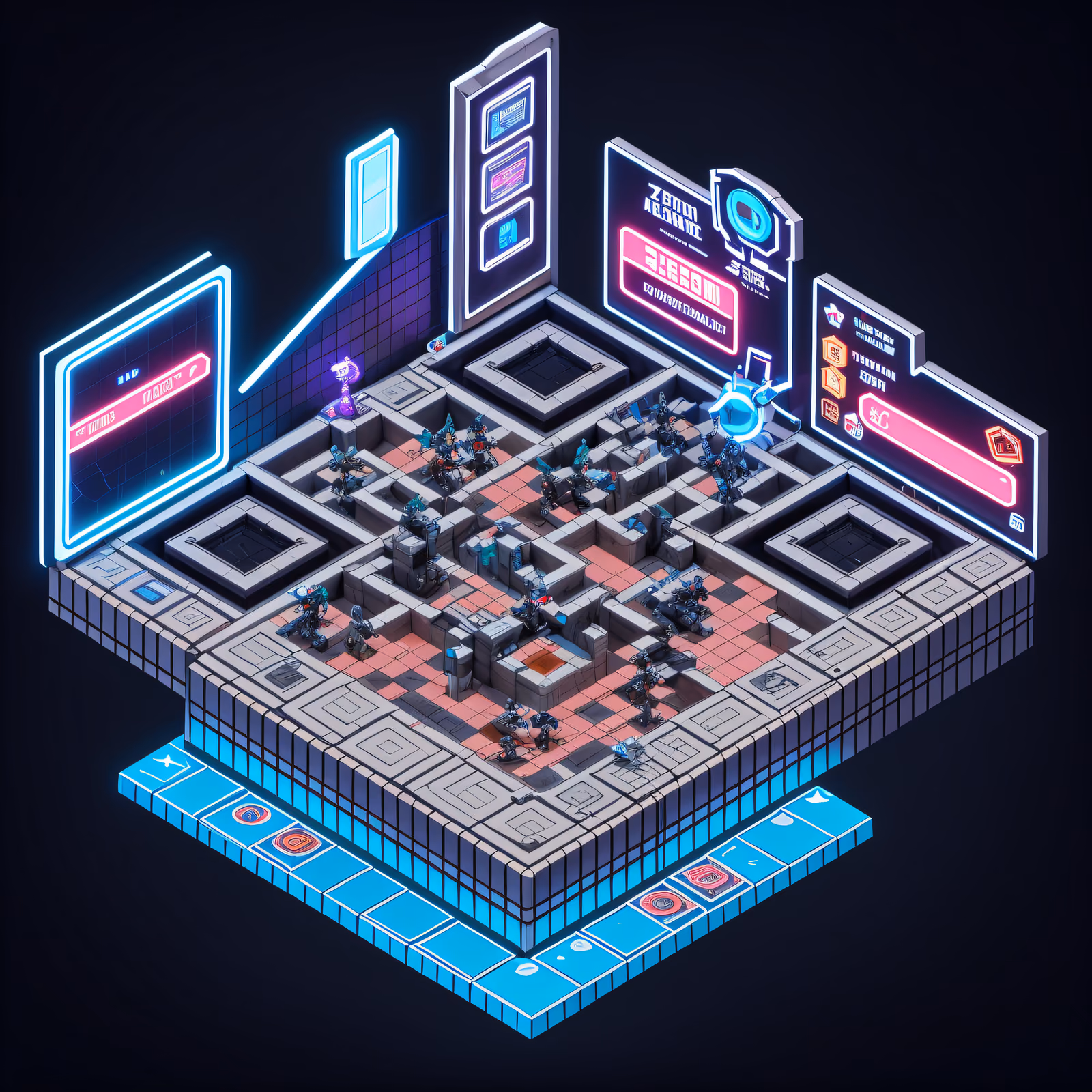 Изометрическая арена роботов, неон, QR-код для постеров — изображение 1