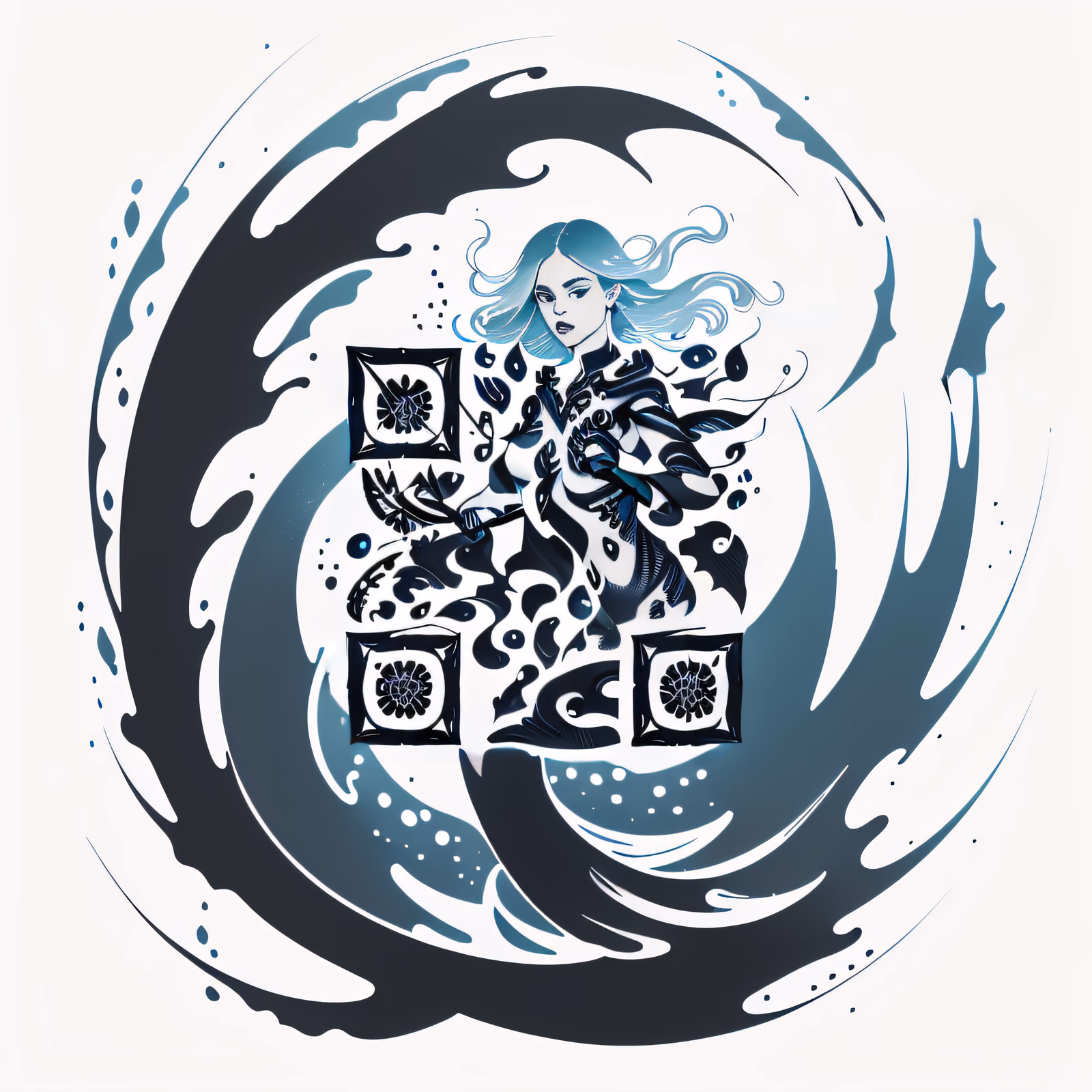 美人鱼战士墨线纹身二维码设计，适合临时纹身 — 图片 1