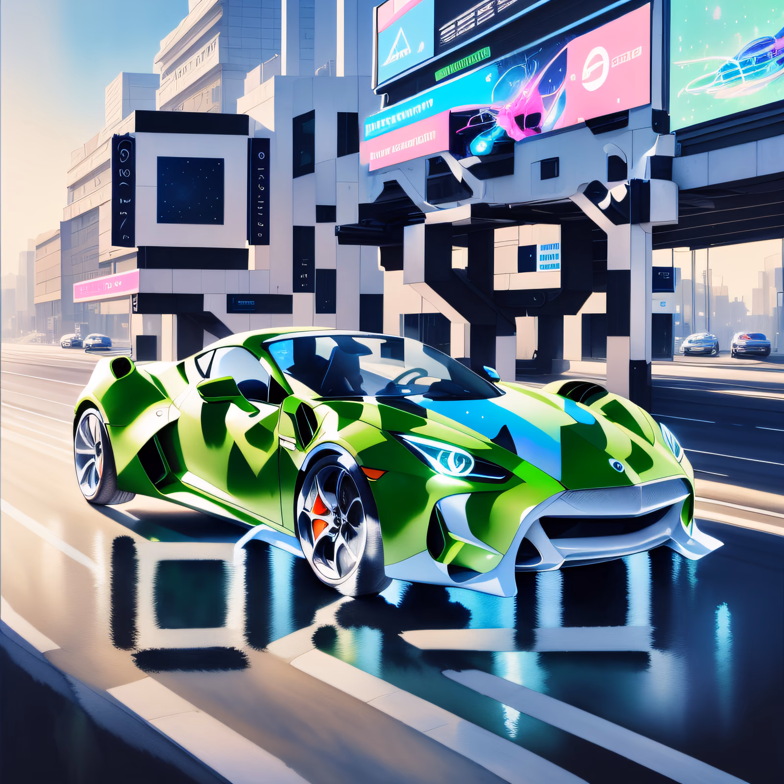 Неоново-зелёный спорткар в будущем: QR-код для постеров — изображение 1