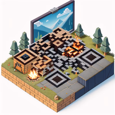 Изометрическая диорама с сундуком и костром, QR-код для постеров — изображение 1