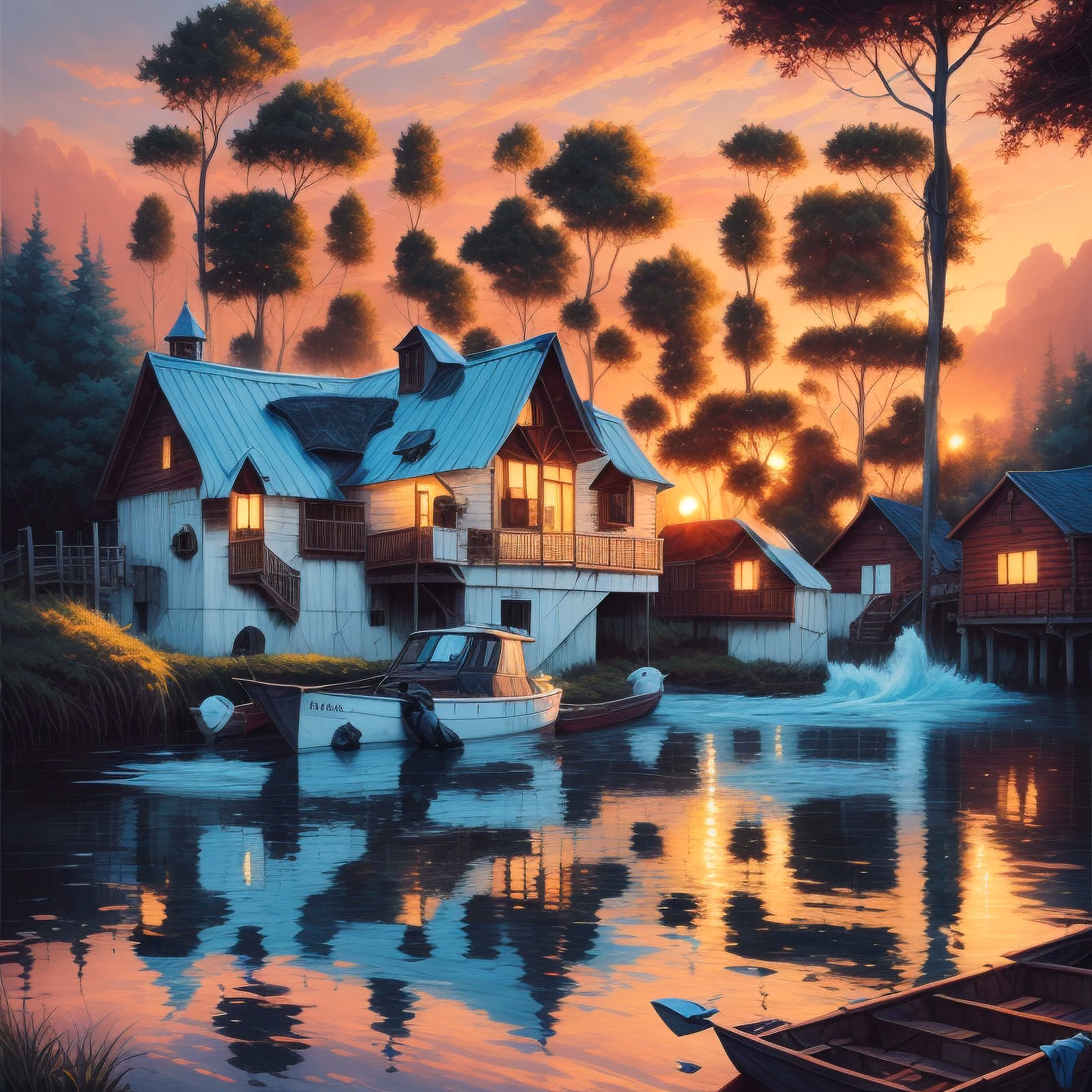 Lakeside Cabin Sunset Fantasy QR Code Art — image 1