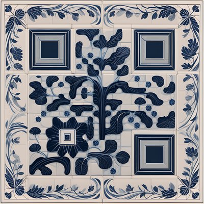 Navy Delftware Floral Tile QR Code Art