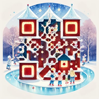 Зимний парк с катком: акварельный QR-код для открыток