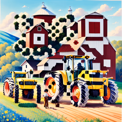 Yellow Tractors Red Barn Gouache QR Code for Posters — image 1