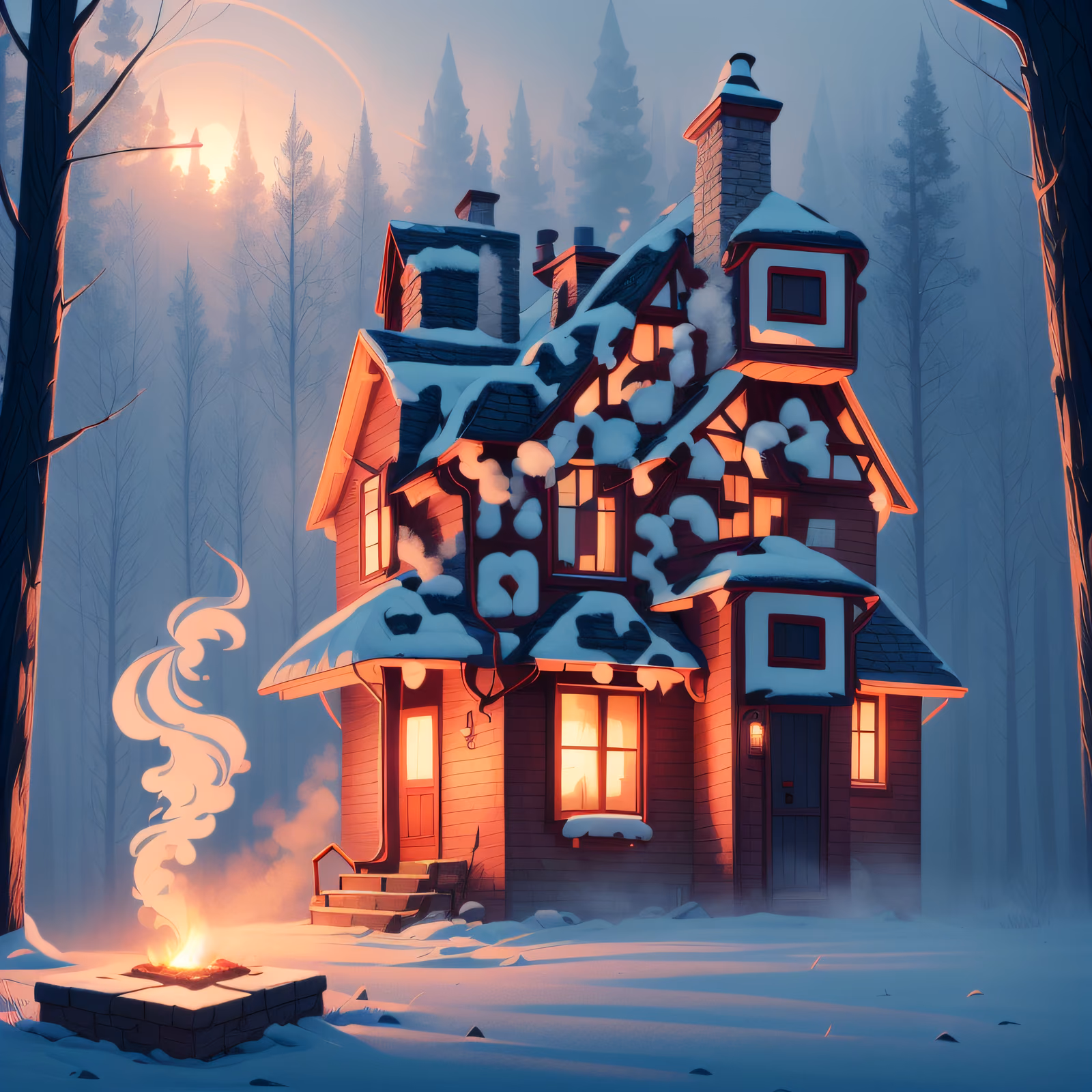 Snowy Red House Foggy Forest QR Code for Greeting Cards — image 1
