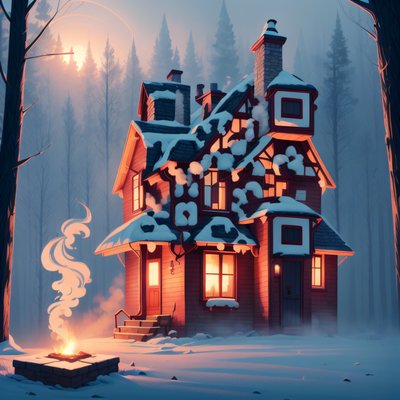 Snowy Red House Foggy Forest QR Code for Greeting Cards