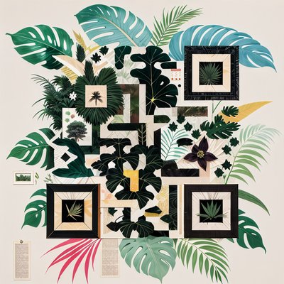 Tropical Monstera Paper Collage QR Code Art