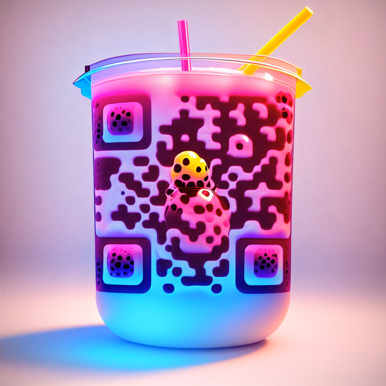 Neon Bubble Tea 3D Render QR Code for Packaging — image 1