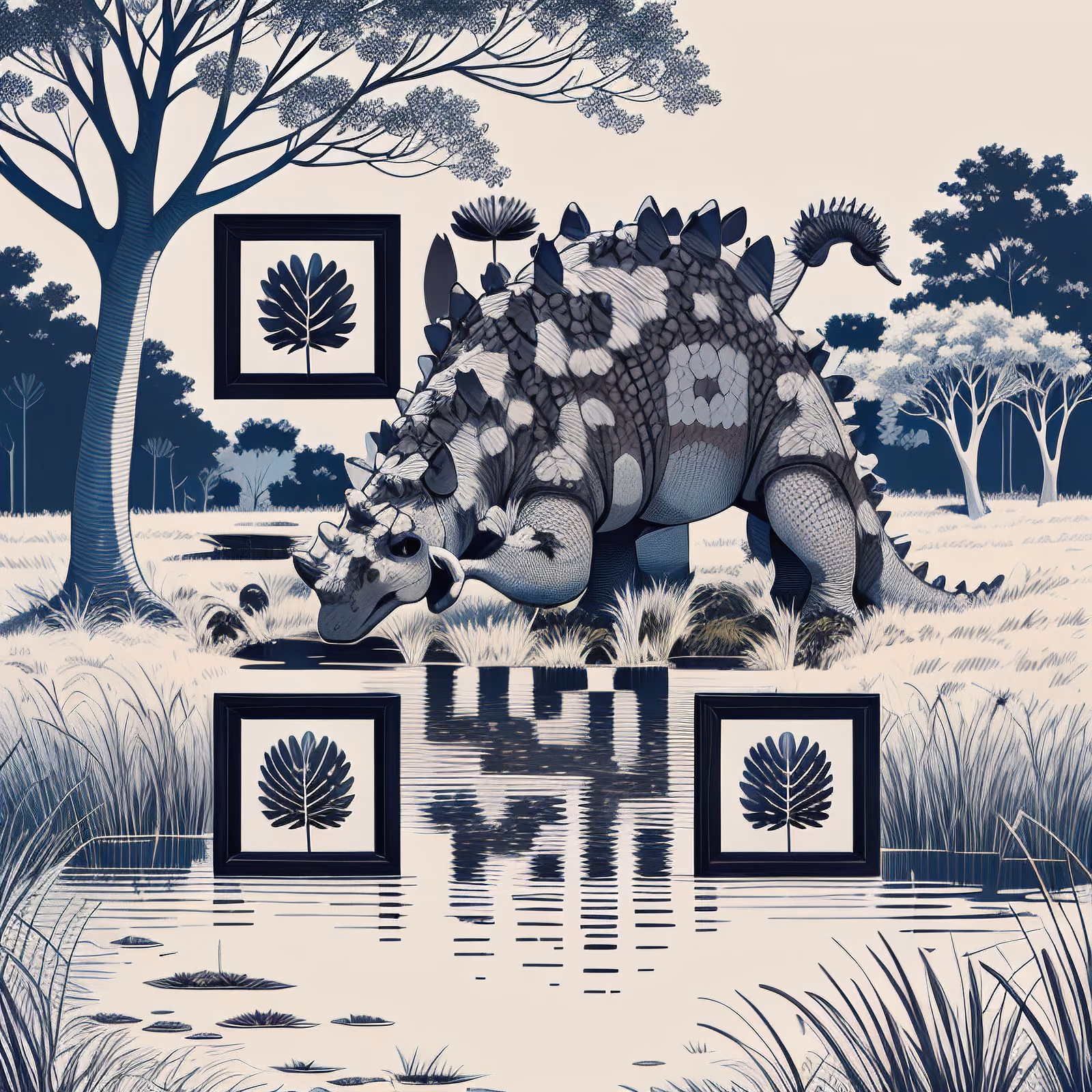 Armored Dinosaur Pond Line Art QR Code Art — image 1