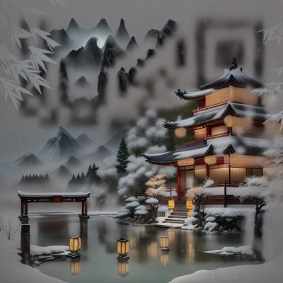 Snowy Pagoda Lake Ink Wash QR Code Art