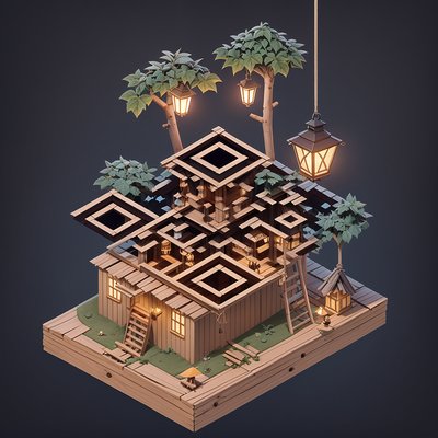 Isometric Treehouse Lantern 3D QR Code Art