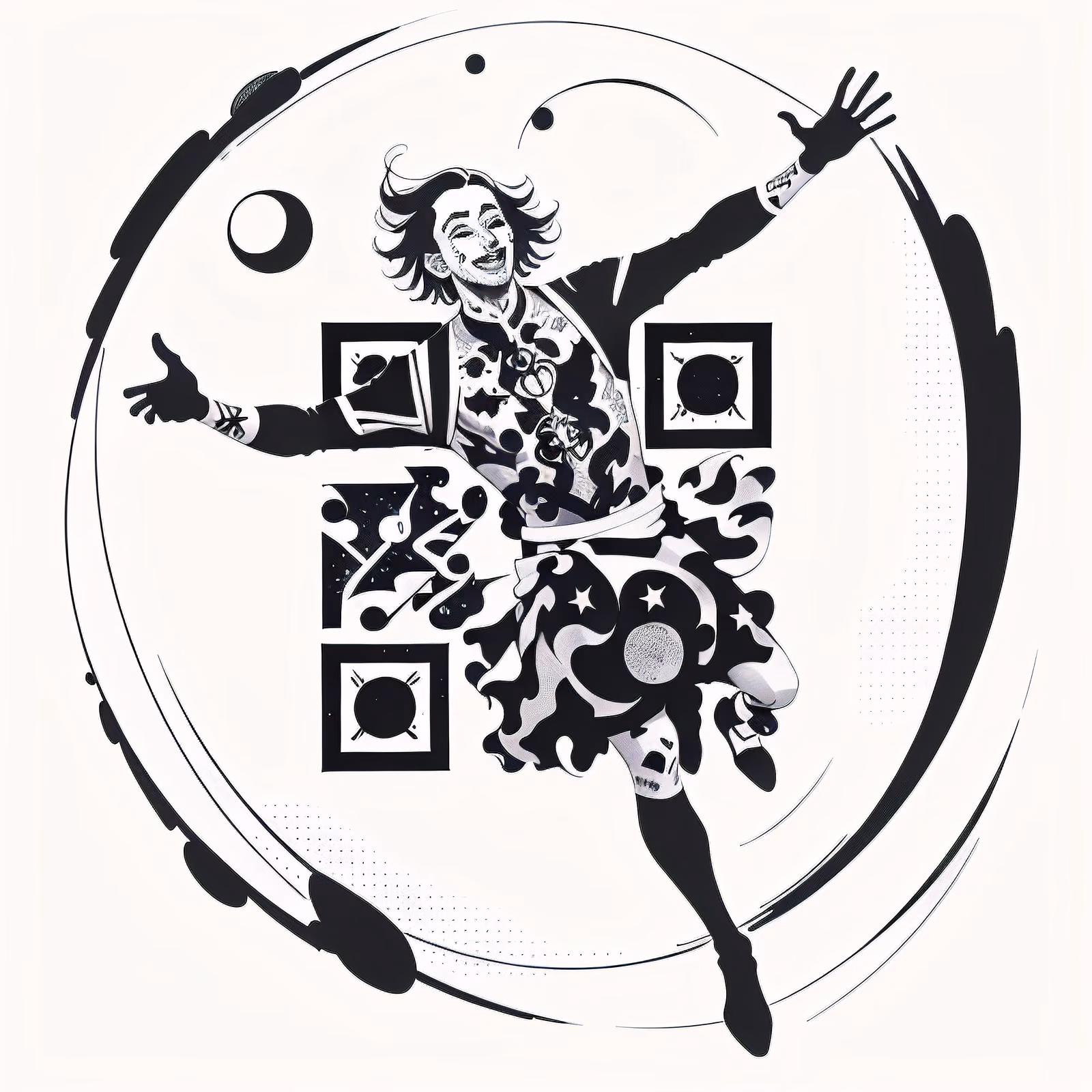 Прыгающий шут в стиле чернильной татуировки: QR-код для временных татуировок — изображение 1