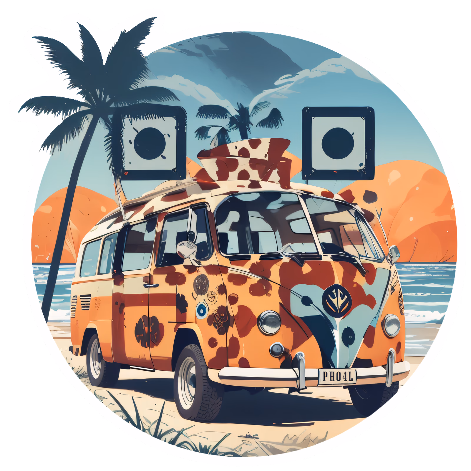Retro Beach Camper Van Vector Palm QR Code for Stickers — image 1