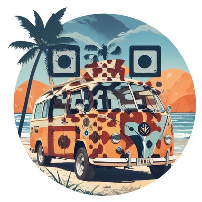 Retro Beach Camper Van Vector Palm QR Code for Stickers