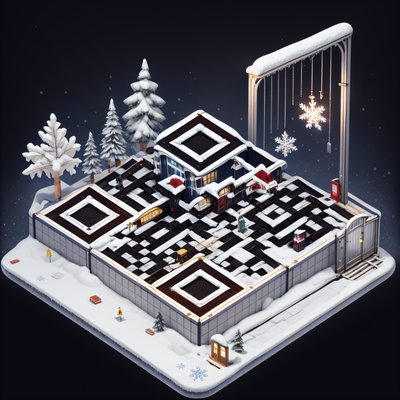 Snowy Train Station Isometric QR Code Art