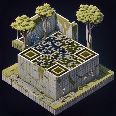 Overgrown Isometric Town Square QR Code Art