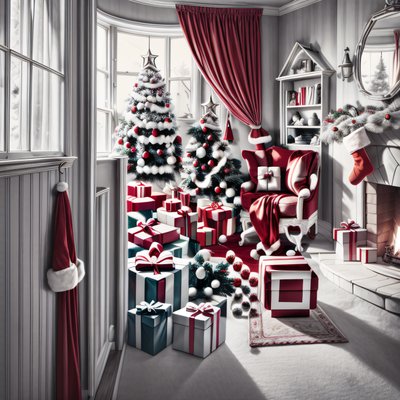 Santa's Christmas Living Room Illustration QR Code for Greeting Cards