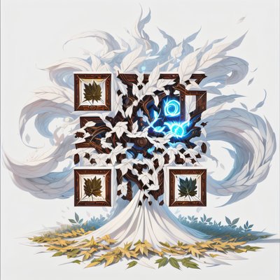 Фэнтезийный QR-код в стиле игрового арта с вихрем листьев для постеров