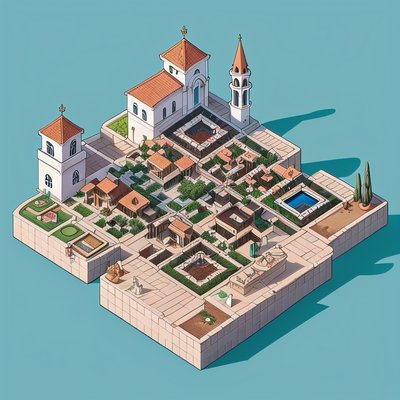 Isometric Mediterranean Village Illustration QR Code Art