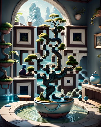 Surreal Bonsai Bowl Fantasy QR Code Art
