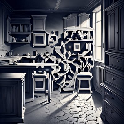 Сюрреалистичный монохромный интерьер кухни, QR-код