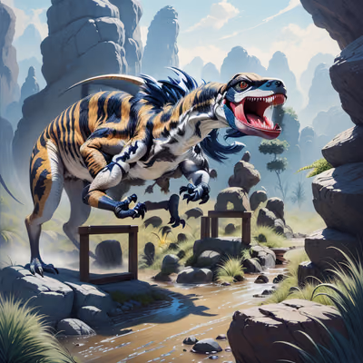 Striped Raptor Dinosaur Concept Art QR Code for Posters — image 1