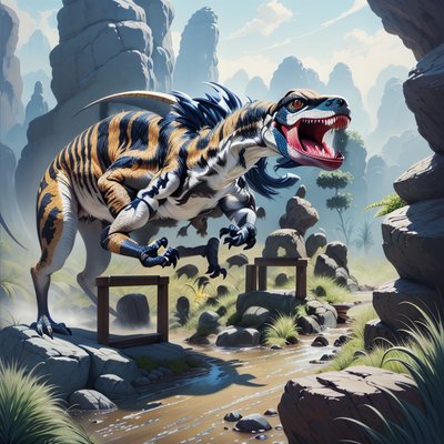 Striped Raptor Dinosaur Concept Art QR Code for Posters