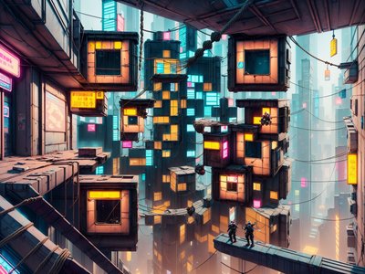 Vertical Cyberpunk Slum Cityscape QR Code for Posters
