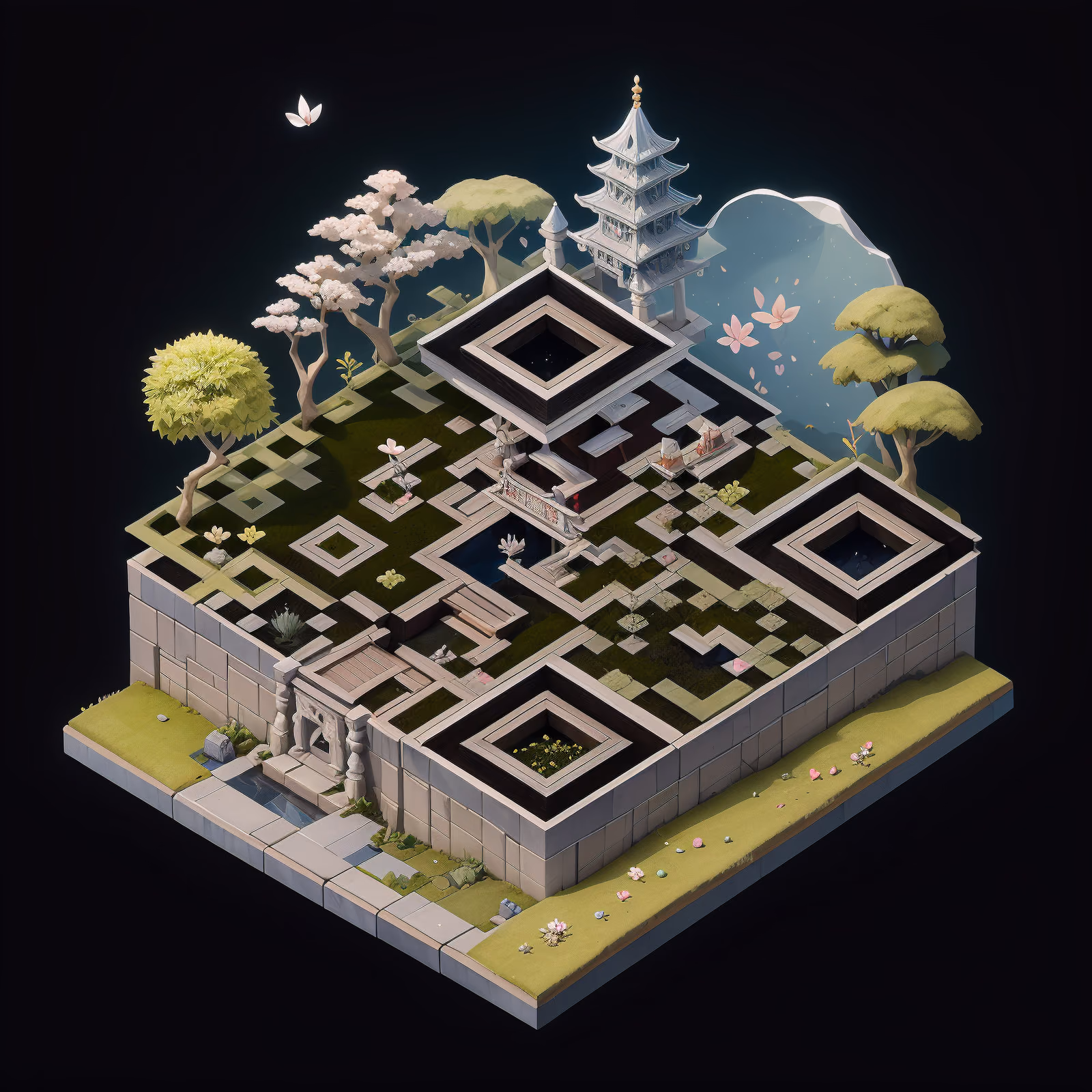 Floating Pagoda Garden Isometric QR Code Art — image 1