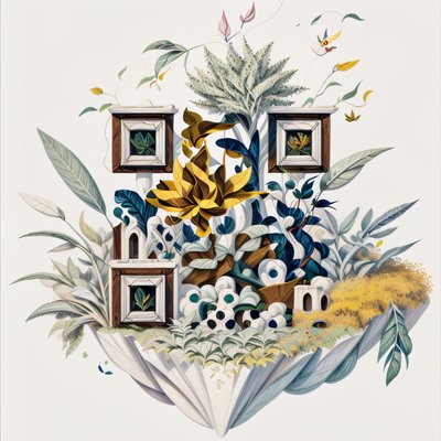 Floating Botanical Island Illustration QR Code Art