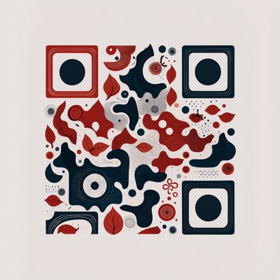 Красно-синий QR-код с рисунком из листьев для упаковки