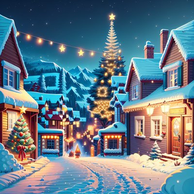 Snowy Christmas Village Game Art QR Code for Greeting Cards