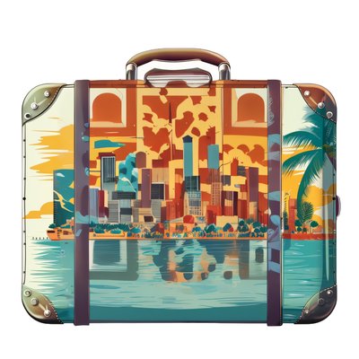 Винтажный чемодан с городским силуэтом: QR-код для стикеров